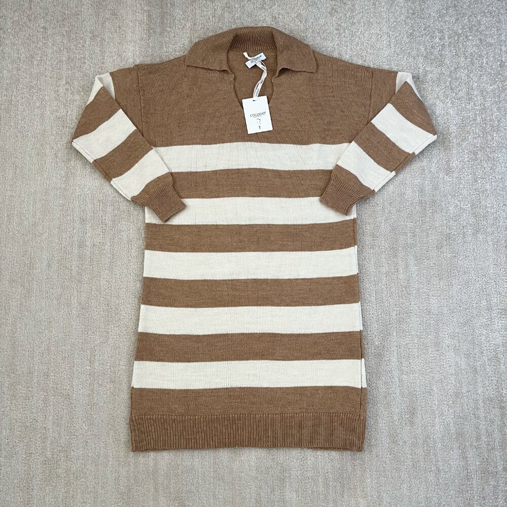Striped Knit Polo Midi Dress in Brown and Cream